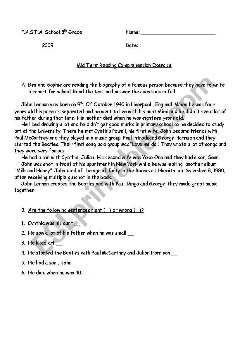 John Lennons short Biography worksheet