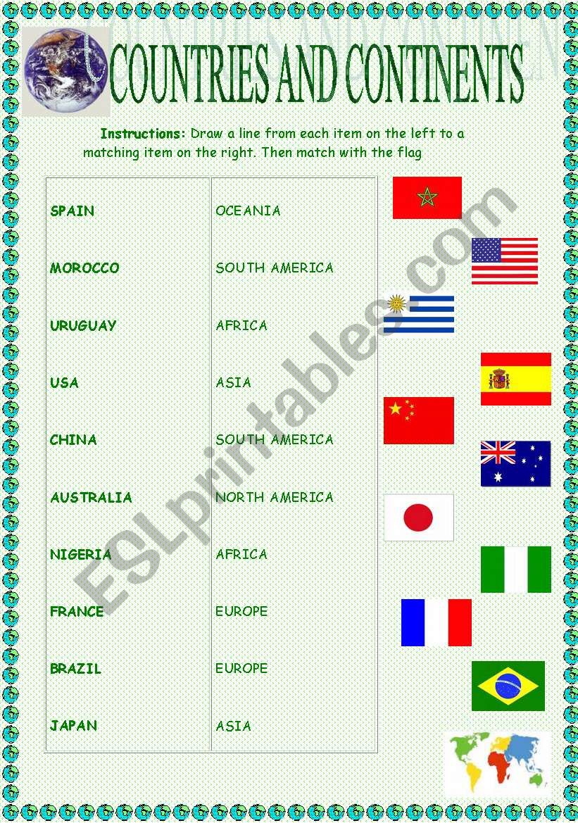 COUNTRIES AND CONTINENTS worksheet