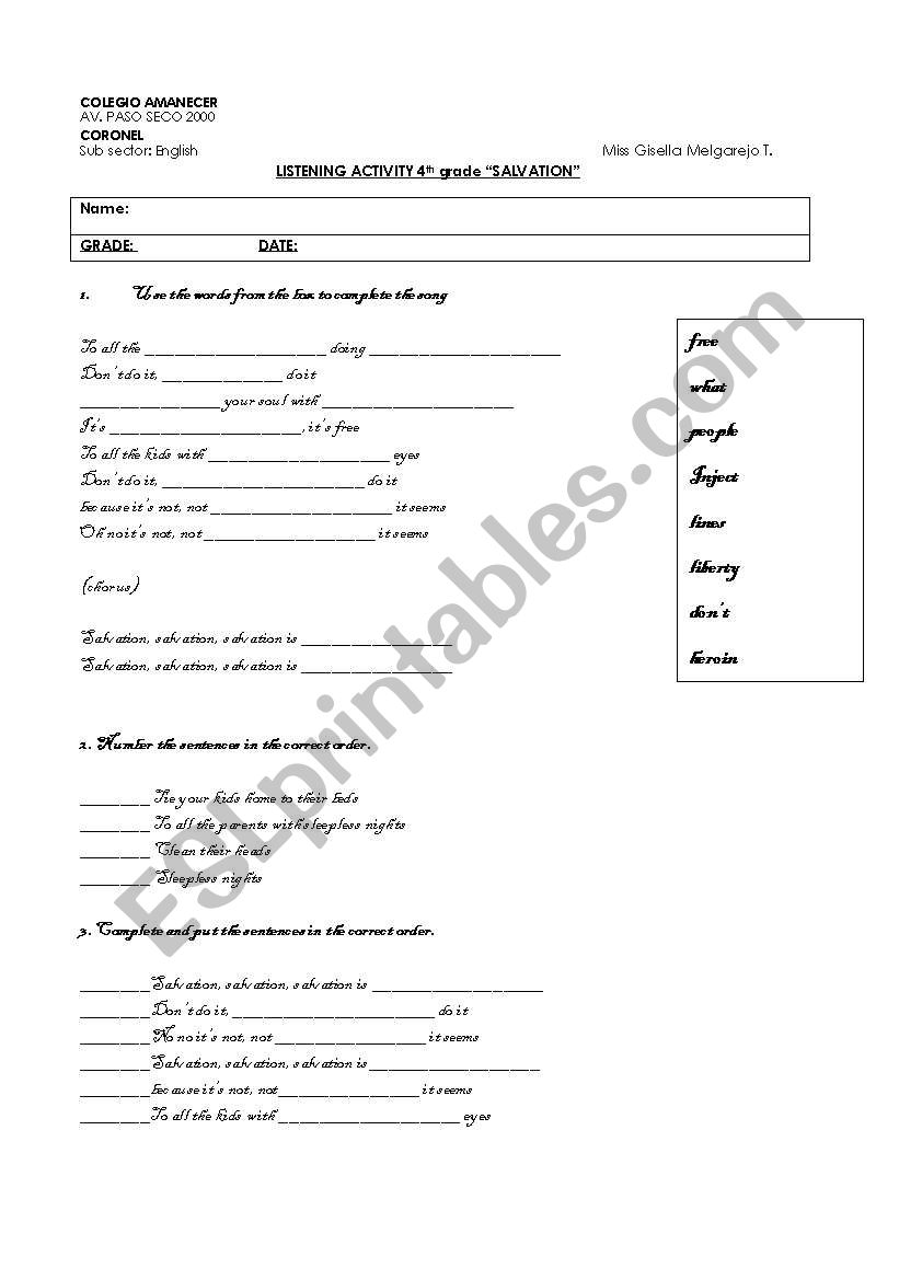 Salvation-cranberries worksheet