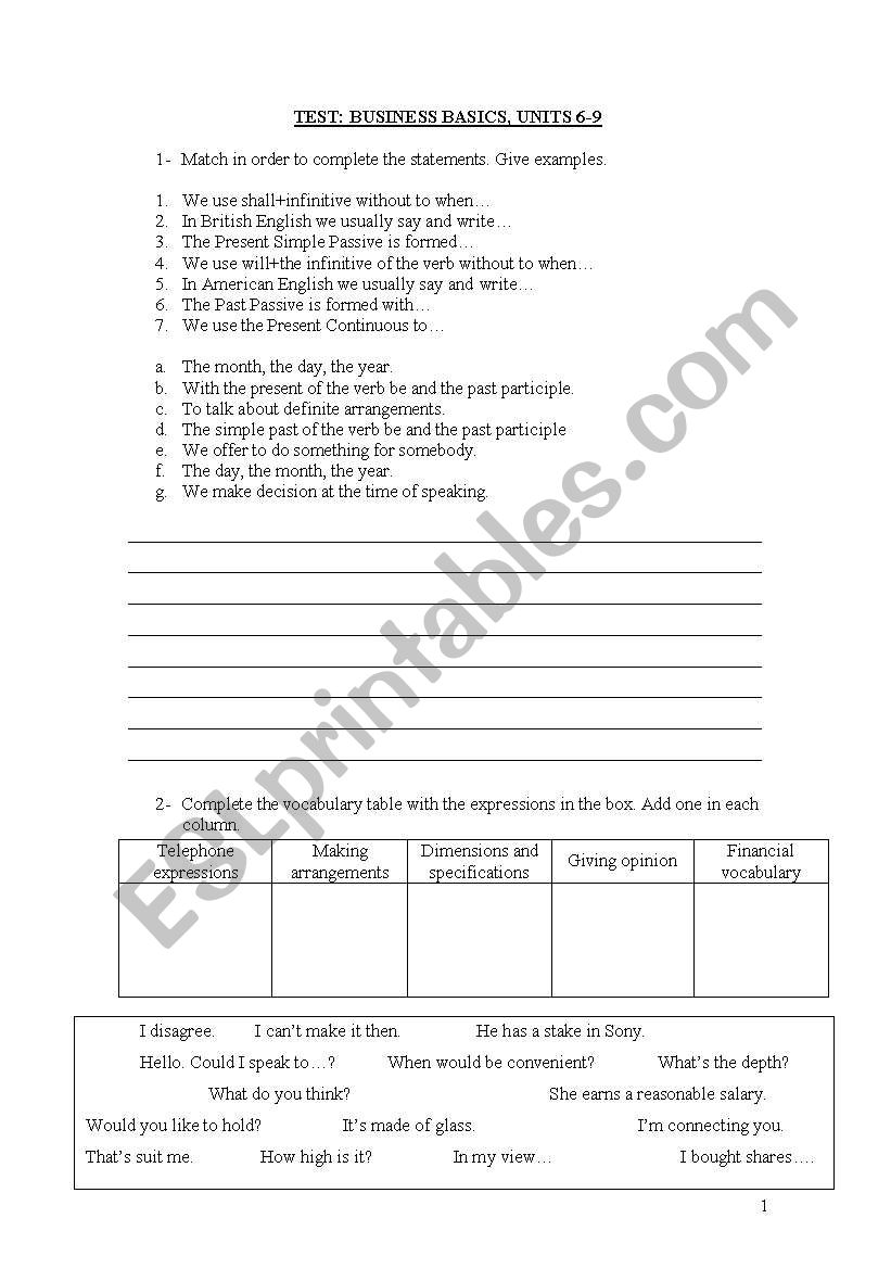 Practical work/ Test worksheet