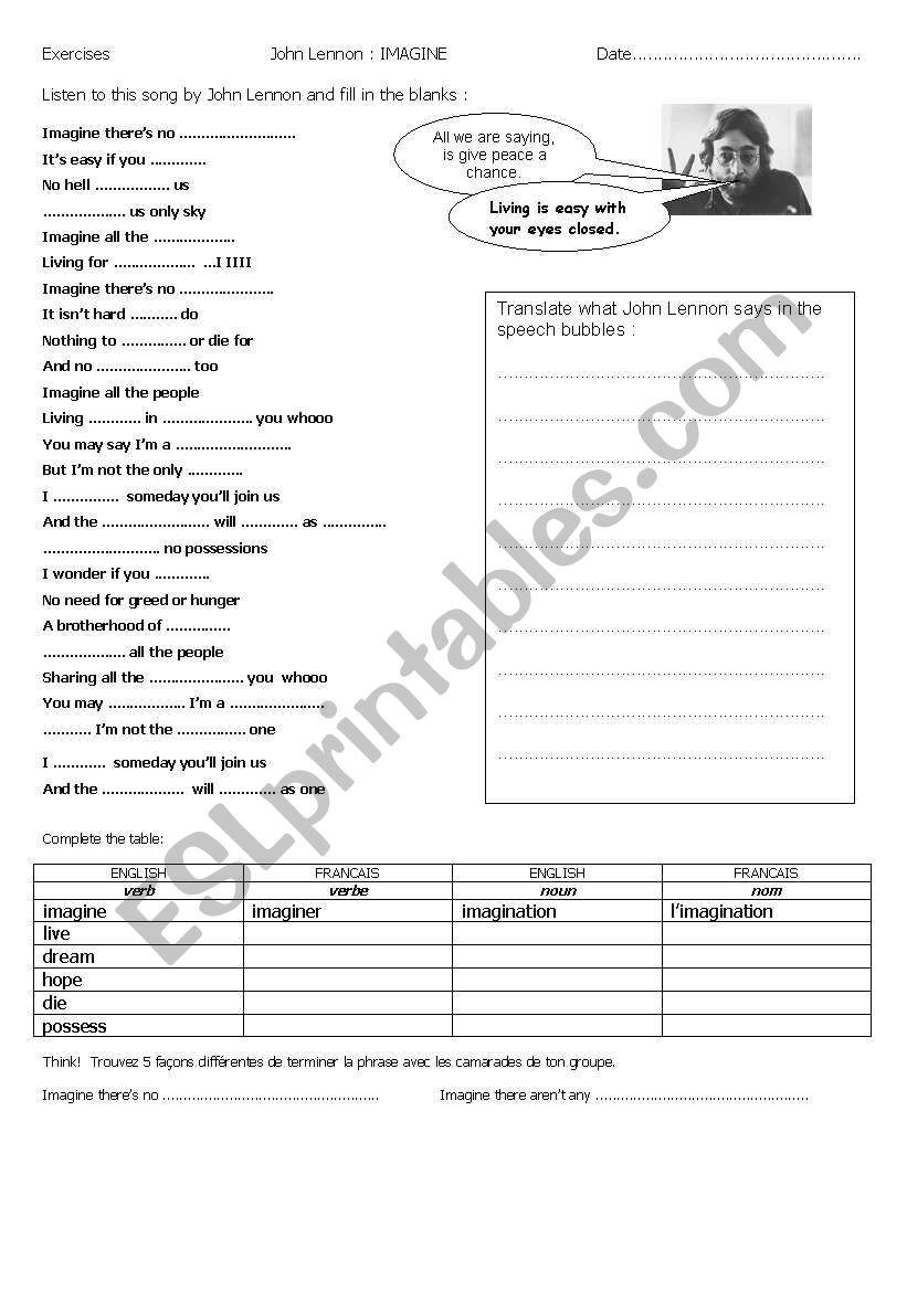 John Lennon IMAGINE worksheet