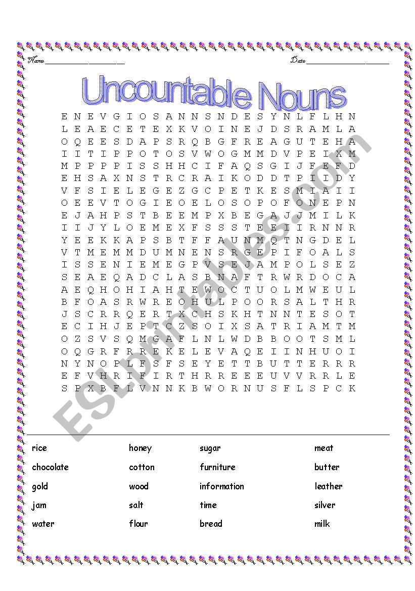 Uncountable nouns wordsearch worksheet