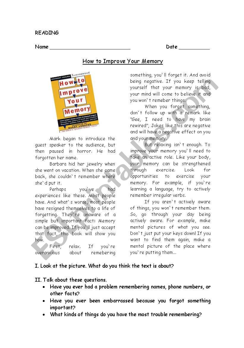 How to improve your memory worksheet