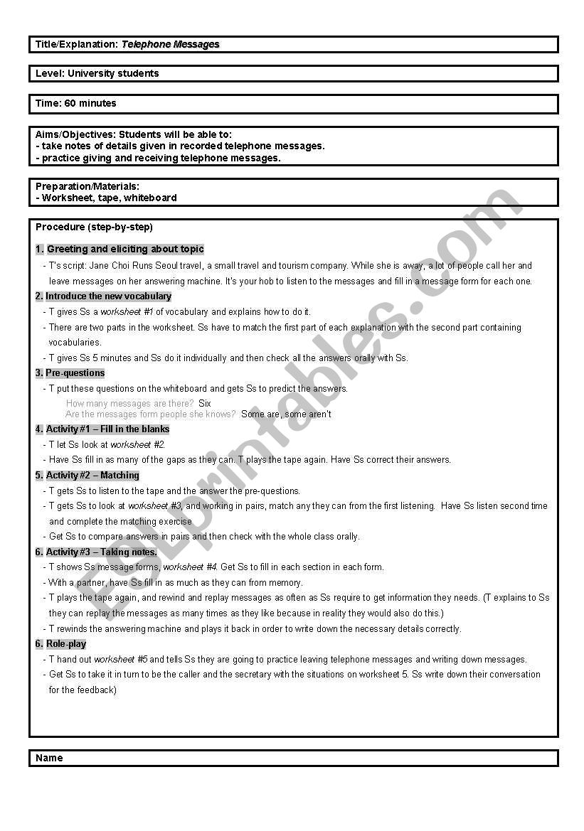 listening lesson plan worksheet