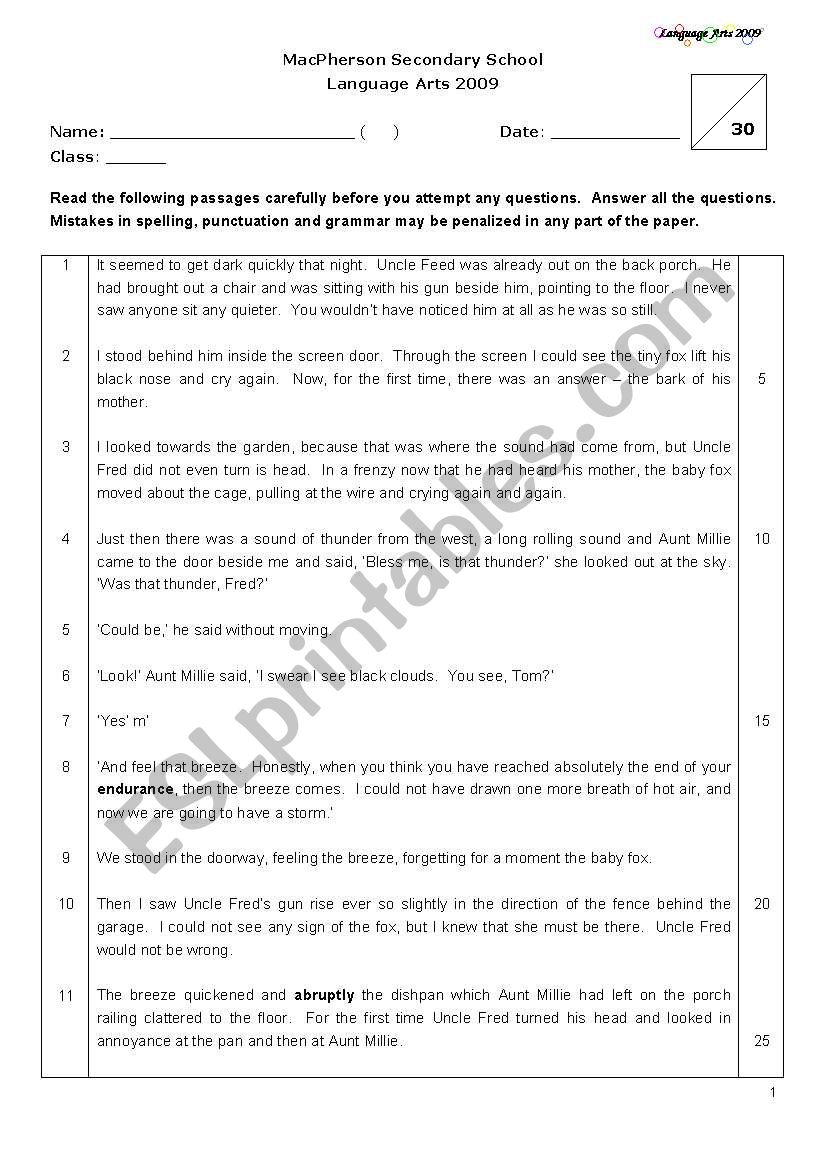 Sample Comprehension worksheet