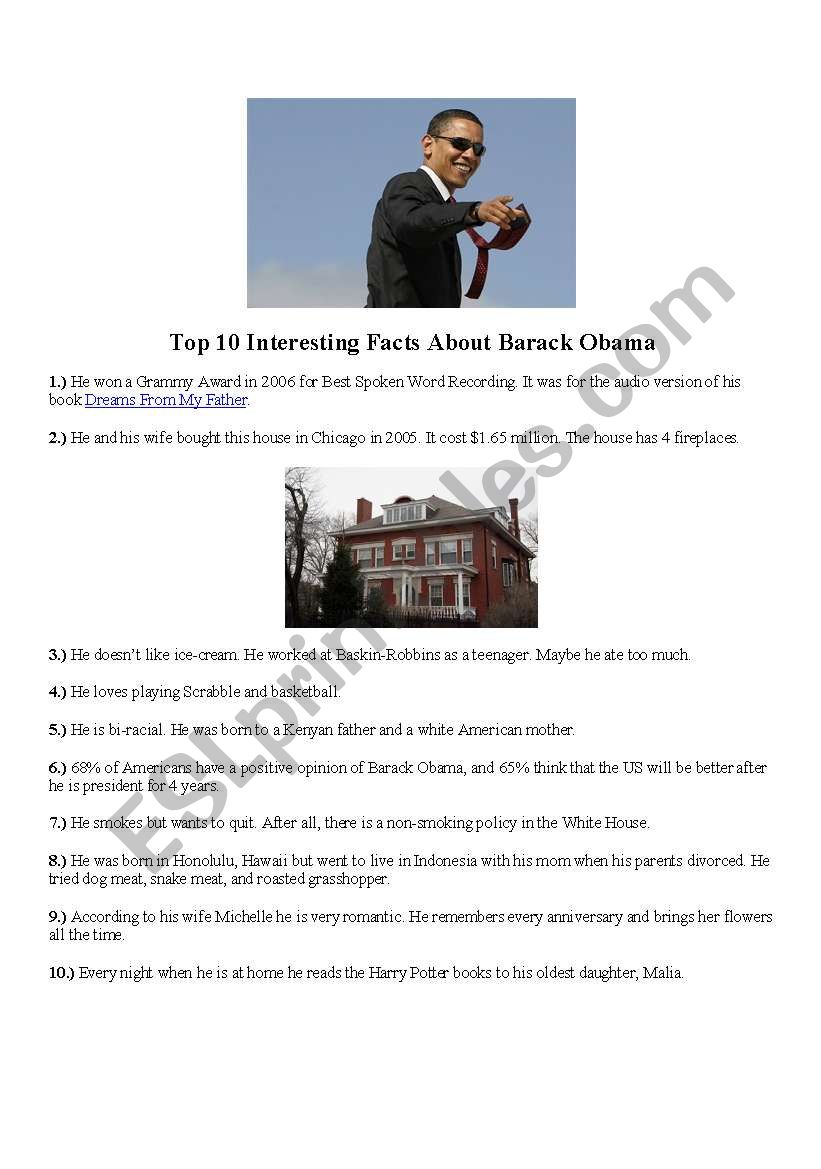 Barack Obama Interesting Facts and Worksheet