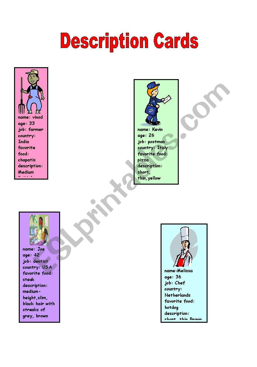 Description cards 1 worksheet