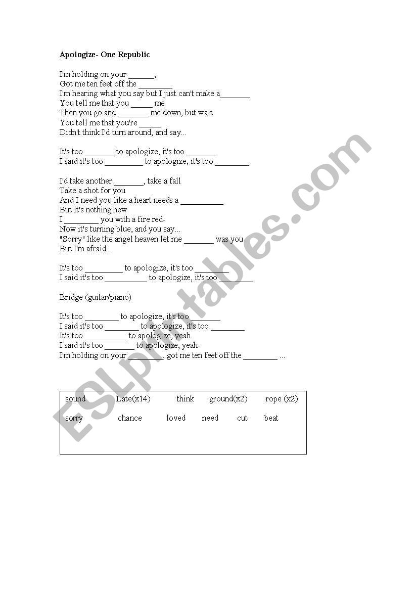 Lirycs- Apologize worksheet