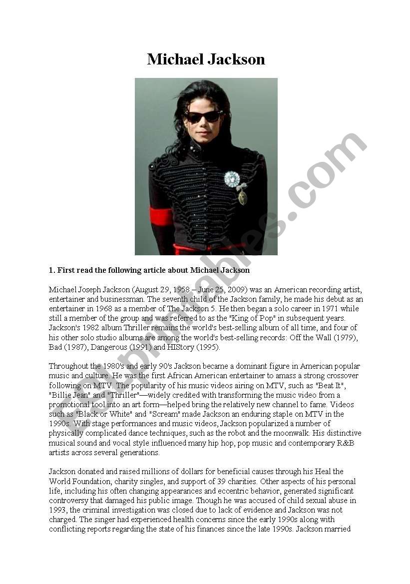 Michael Jackson worksheet