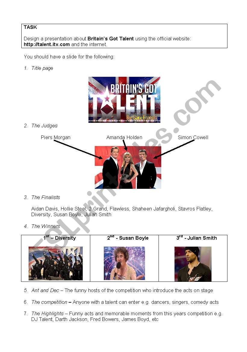Talent Show Prersentation worksheet