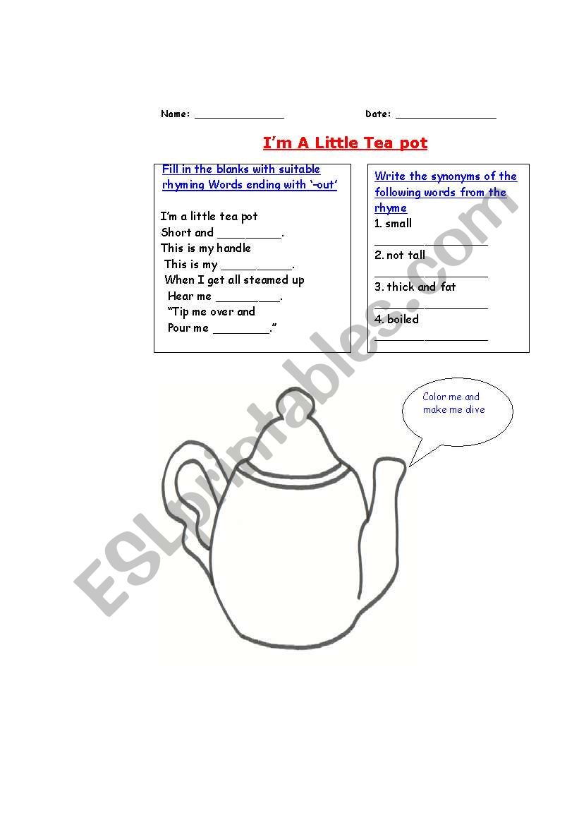 English worksheets I´m a Little tea pot activity