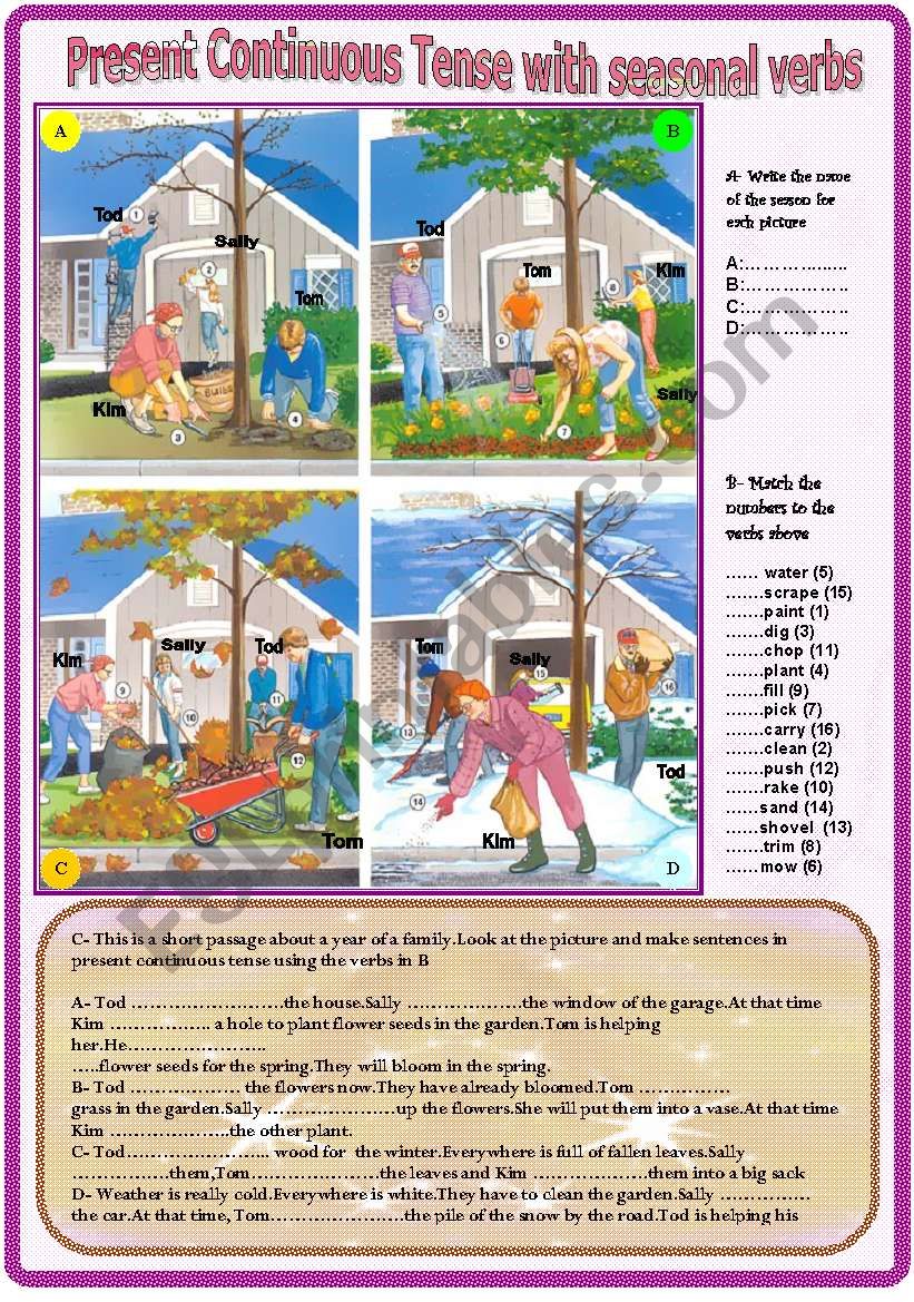 Present continuous tense with seasonal verbs