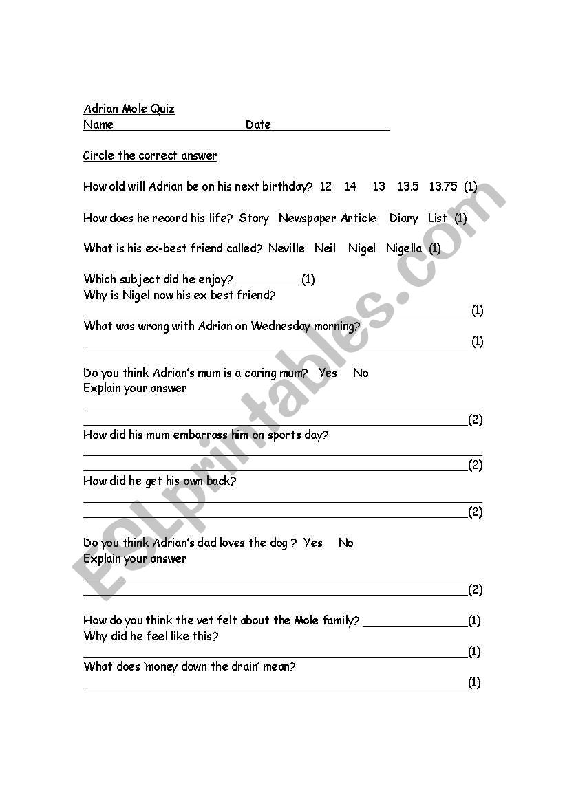 Adrian Mole quiz worksheet