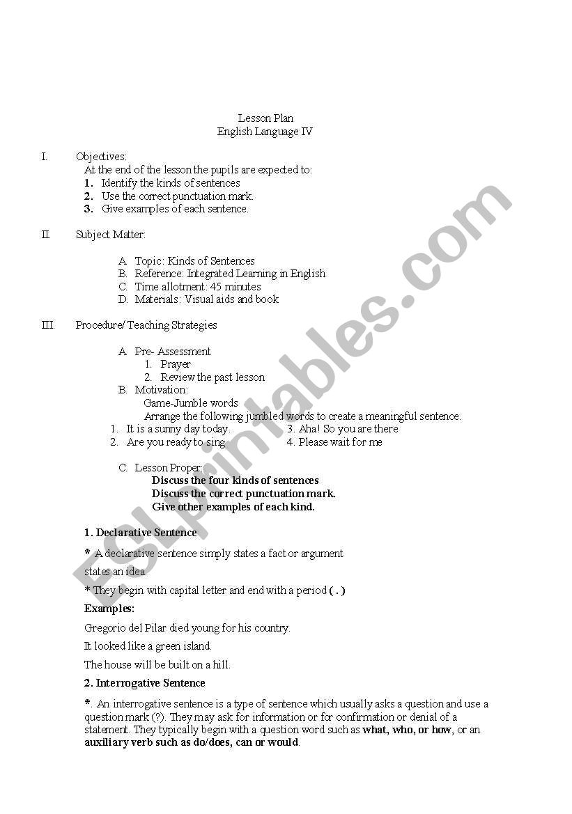 Lesson Plan in English Language (Grade -IV)