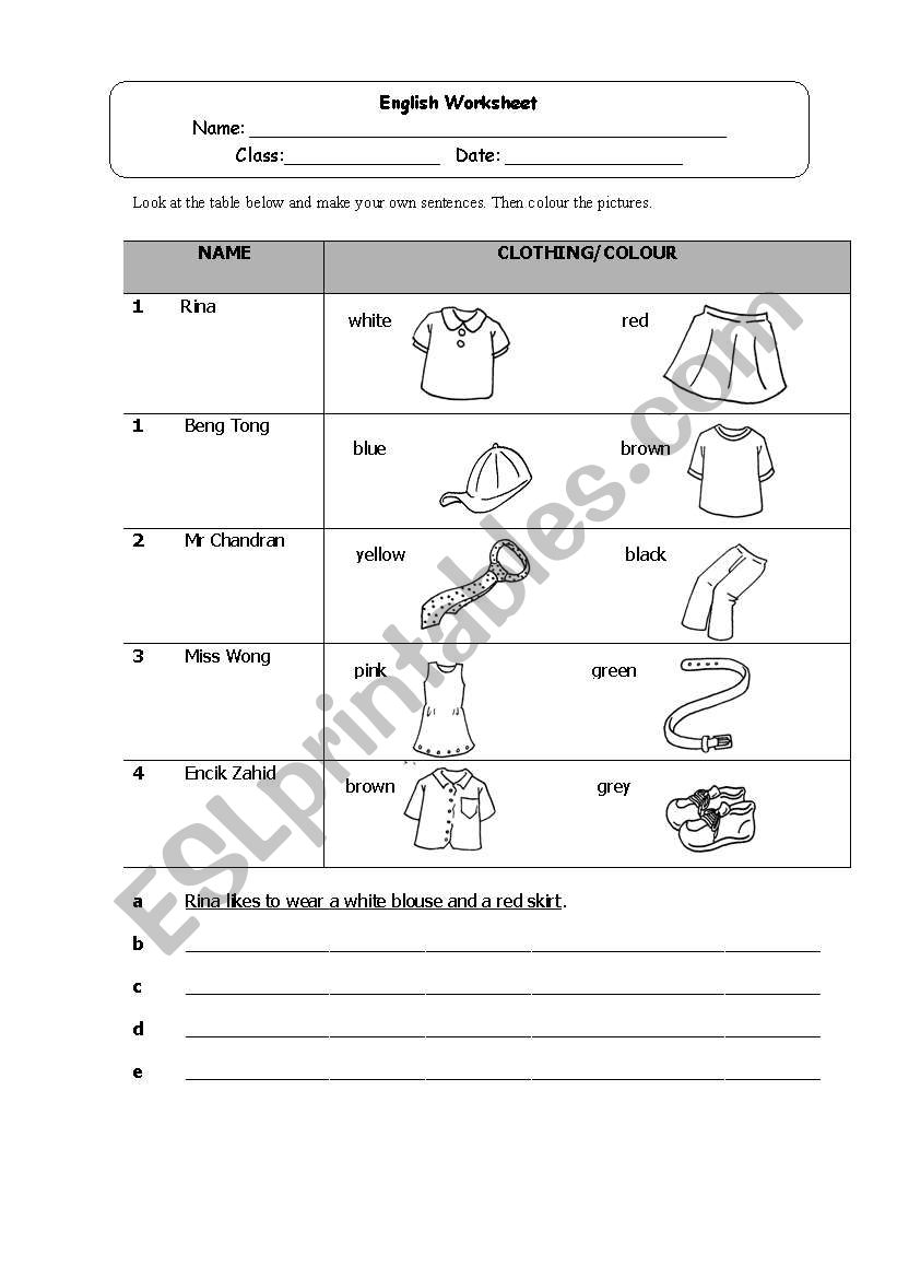 Clothing worksheet