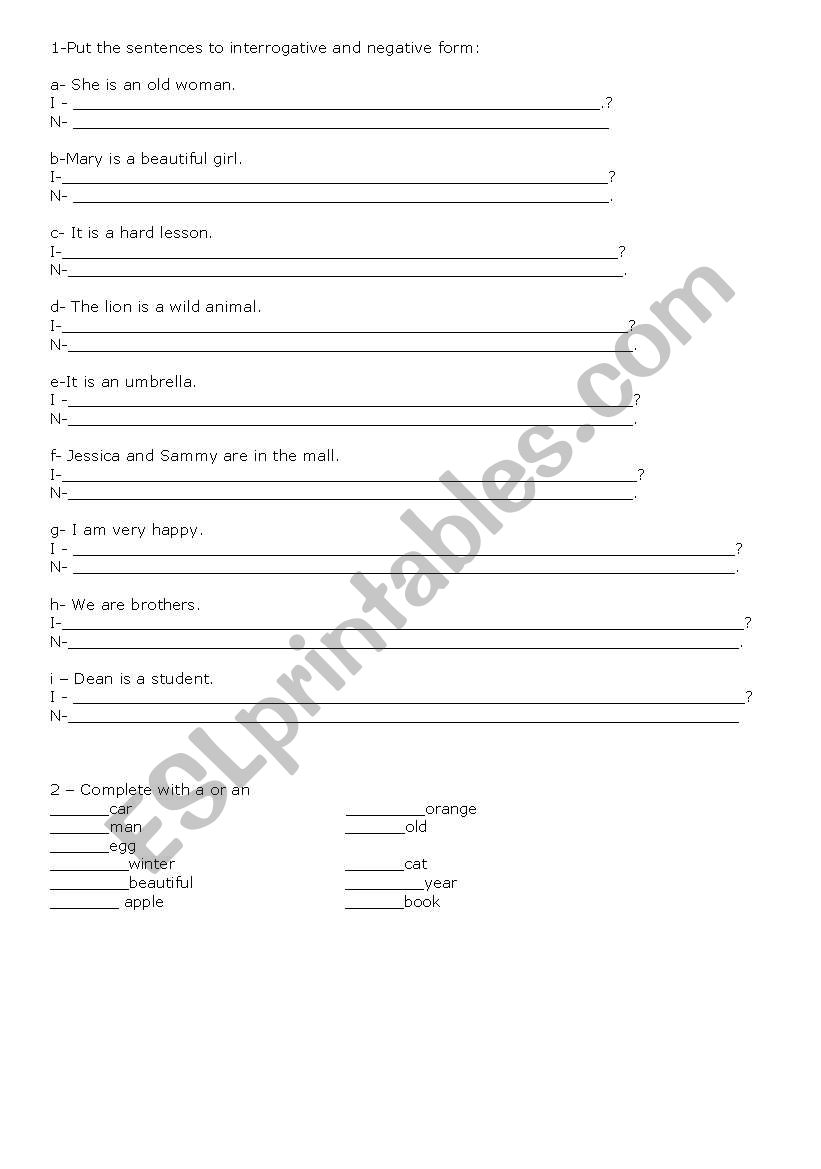 Verb To Be/ a-an worksheet