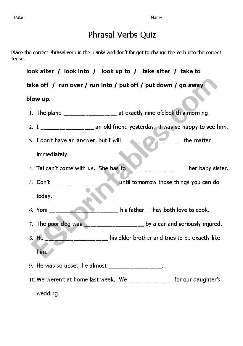 Phrasal Verb Quiz worksheet