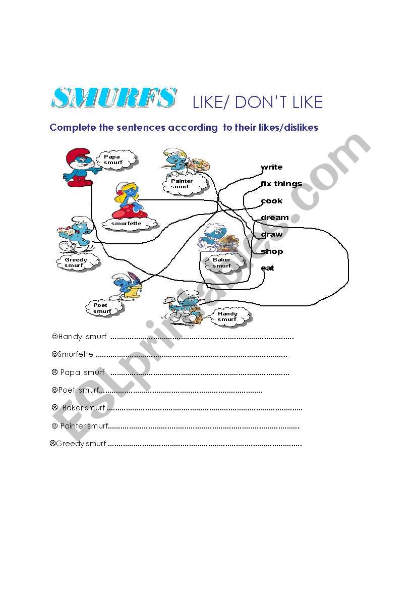 like/ dont like SMURFS :) worksheet