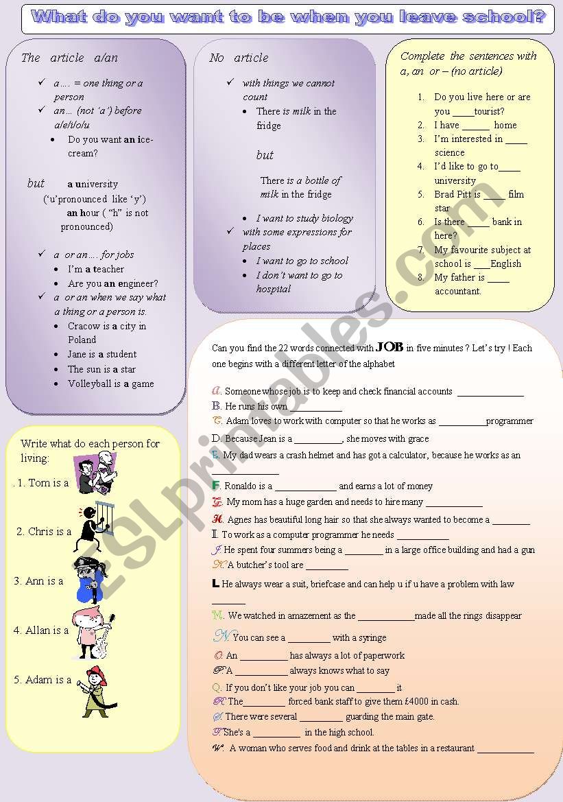 Vocabulary jobs and article worksheet