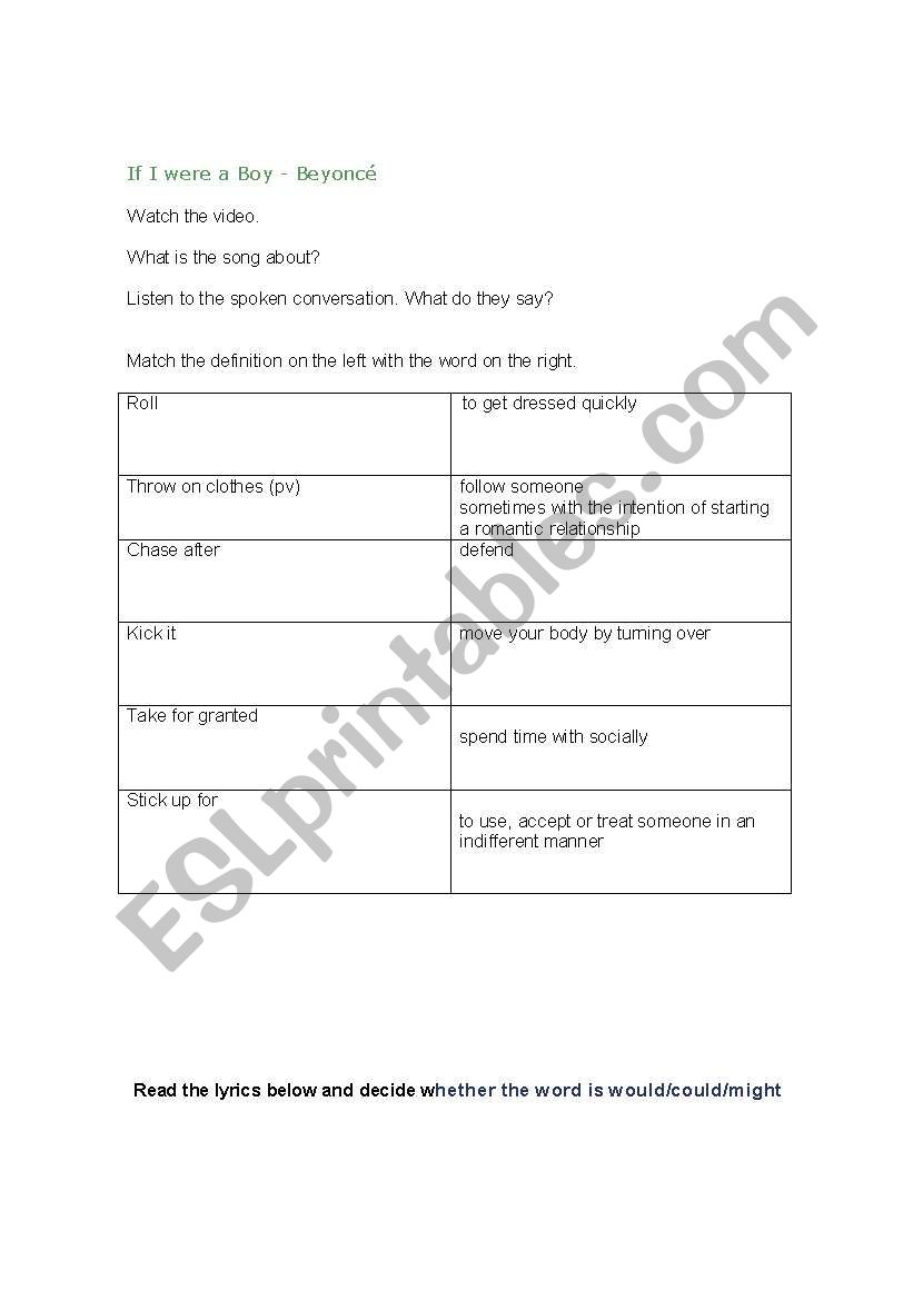 If I were a boy Beyonce worksheet