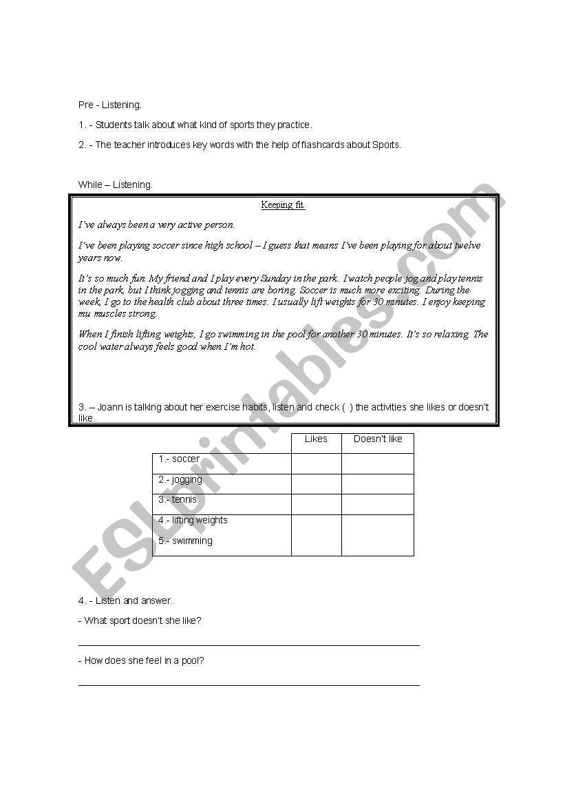 Pre listening sport worksheet