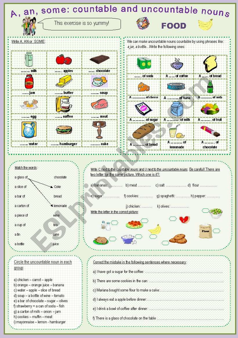 Артикли a an some. Исчиляемыев английском языке упражнения. Неисчисляемые существительные в английском языке Worksheets. Countable and uncountable Nouns food упражнения a an some. Countable and uncountable Nouns упражнения.