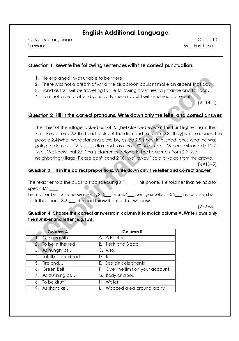 English Language test worksheet