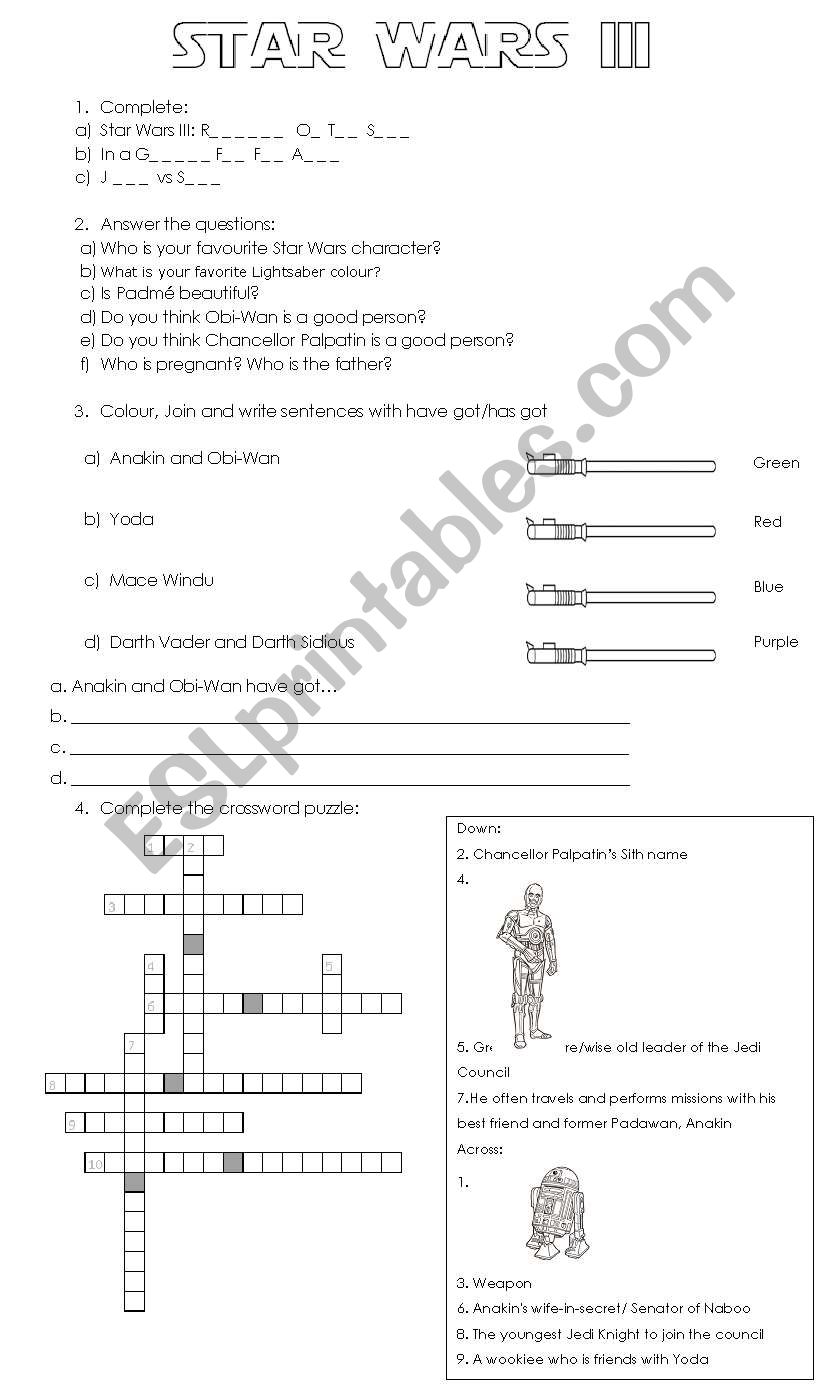 Star Wars III worksheet