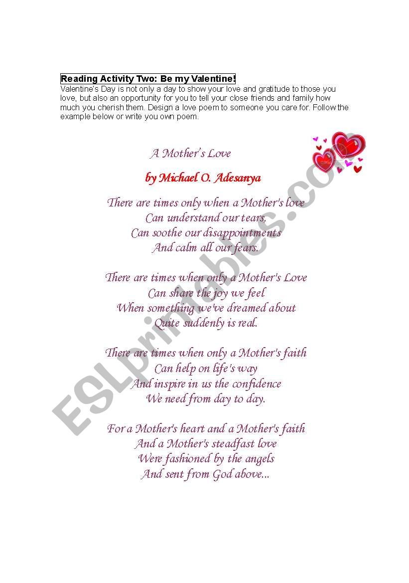 A Mothers Day poem worksheet