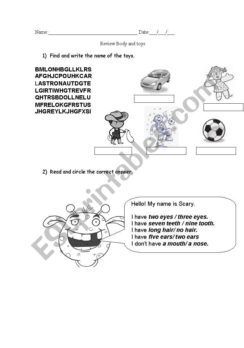body and toys worksheet