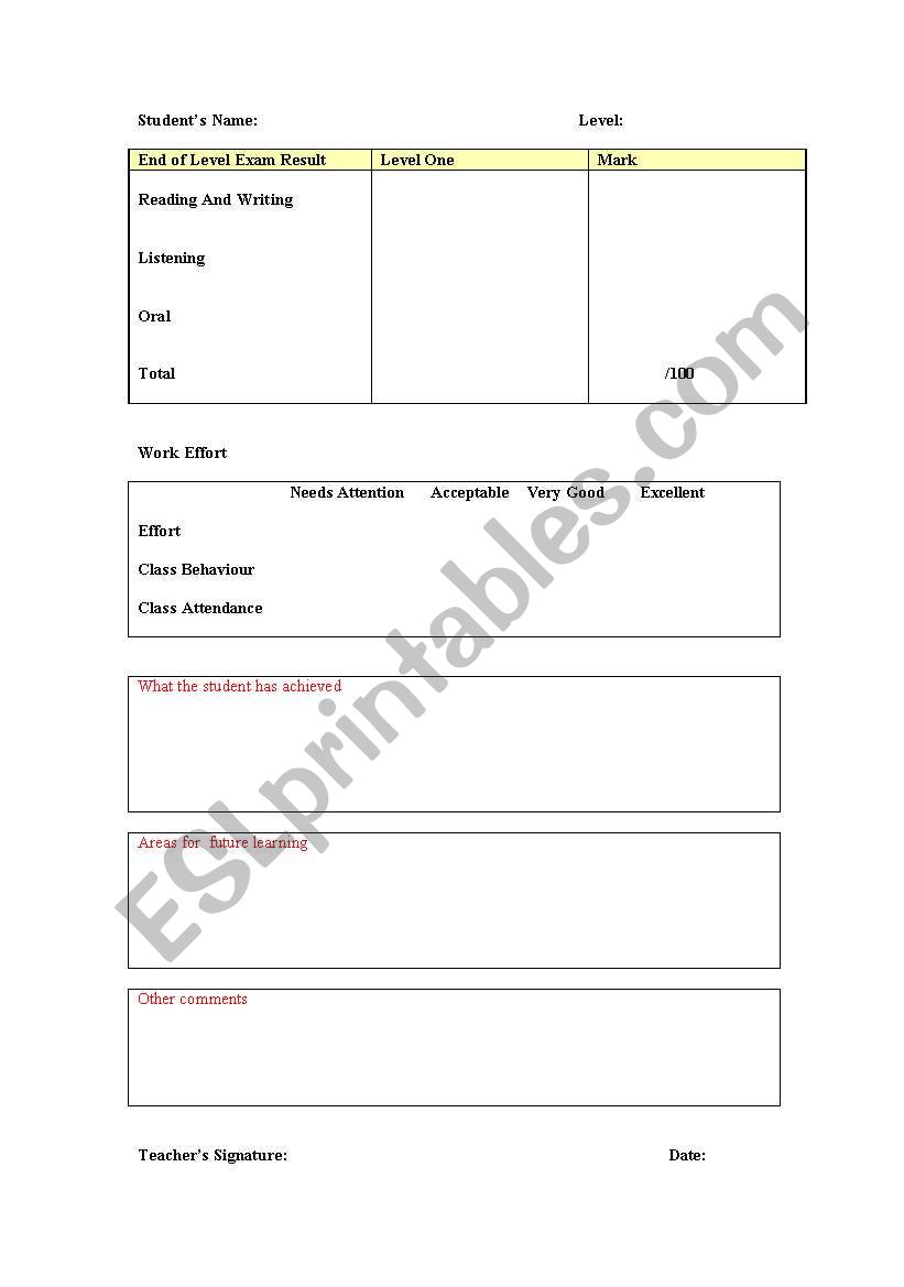 Progress report template worksheet