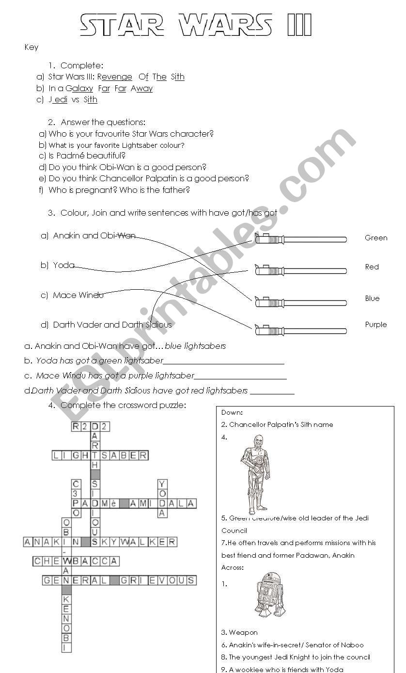 Star Wars III KEY worksheet