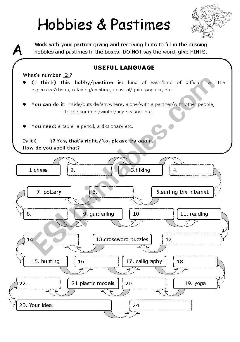 Hobbies and Pastimes Pairwork worksheet