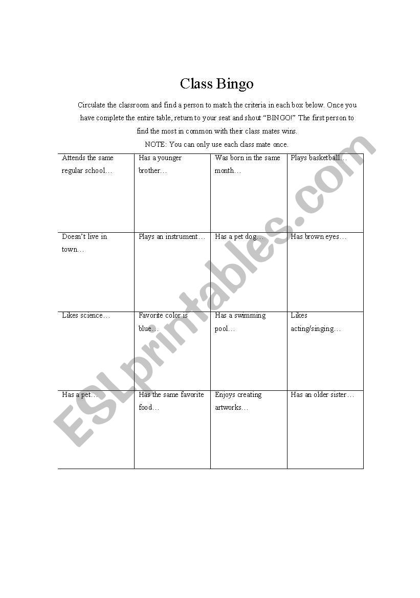Class Bingo worksheet