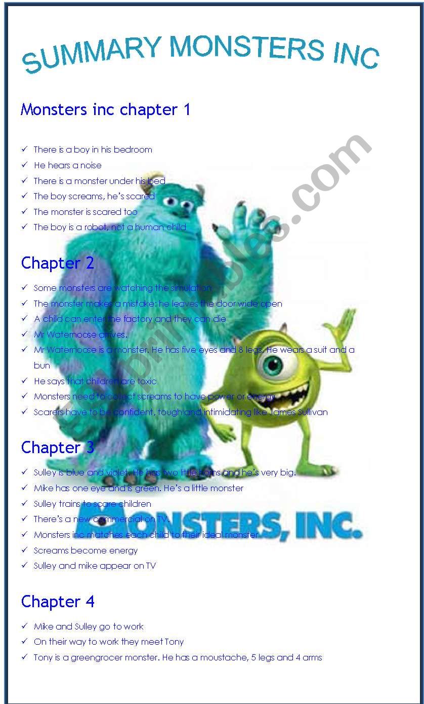 MONSTERS INC SUMMARY worksheet