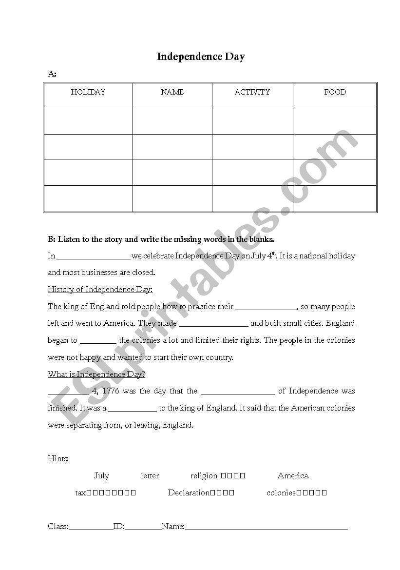 Independence Day 1 worksheet