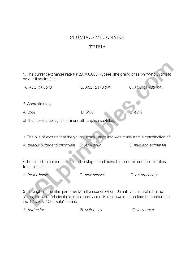 Slumdog Millionaire Trivia (students copy)