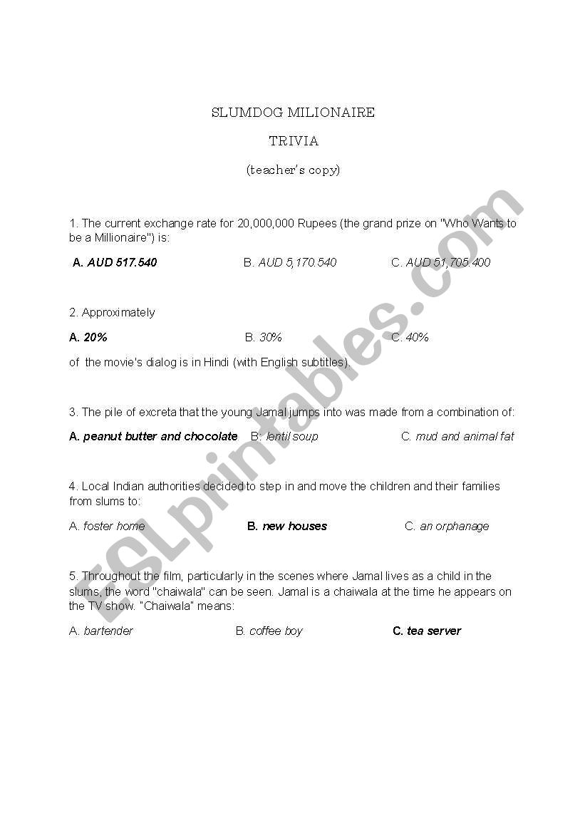 Slumdog Millionaire Trivia (teachers copy)