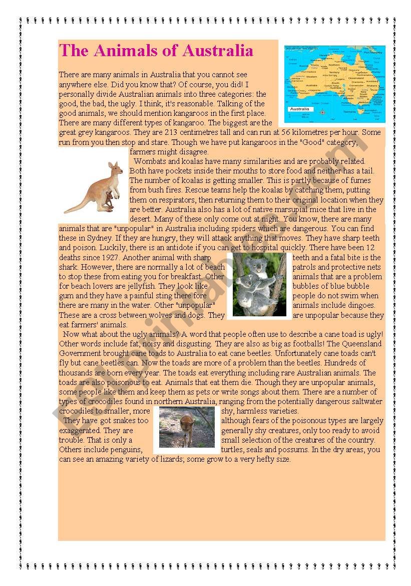 the Animals of Australia worksheet