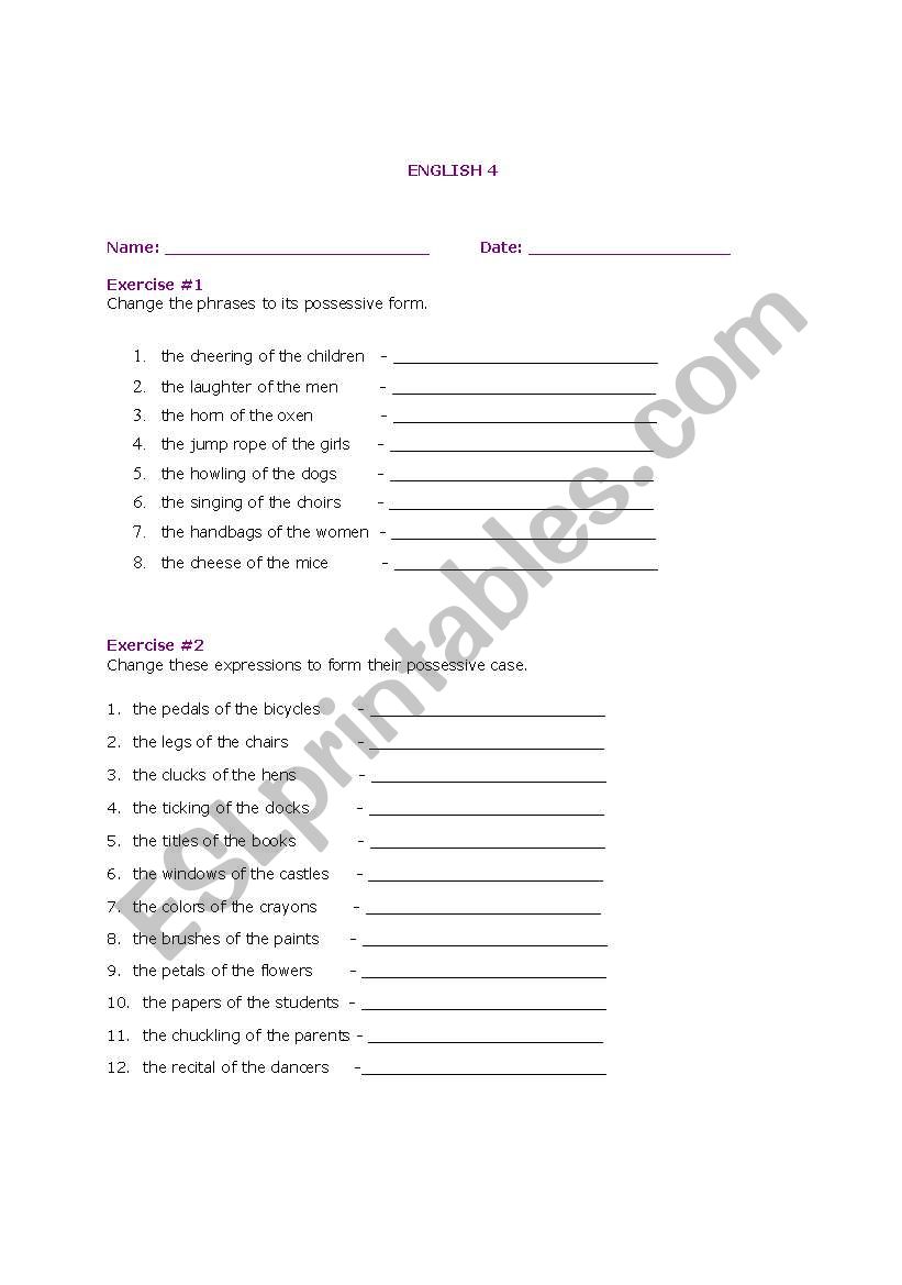 Worksheet on possessive nouns worksheet