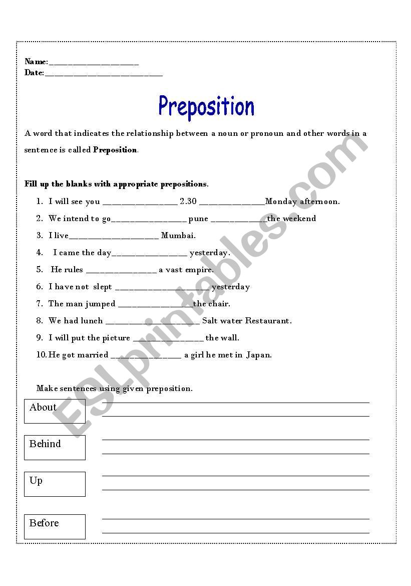 Preposition worksheet