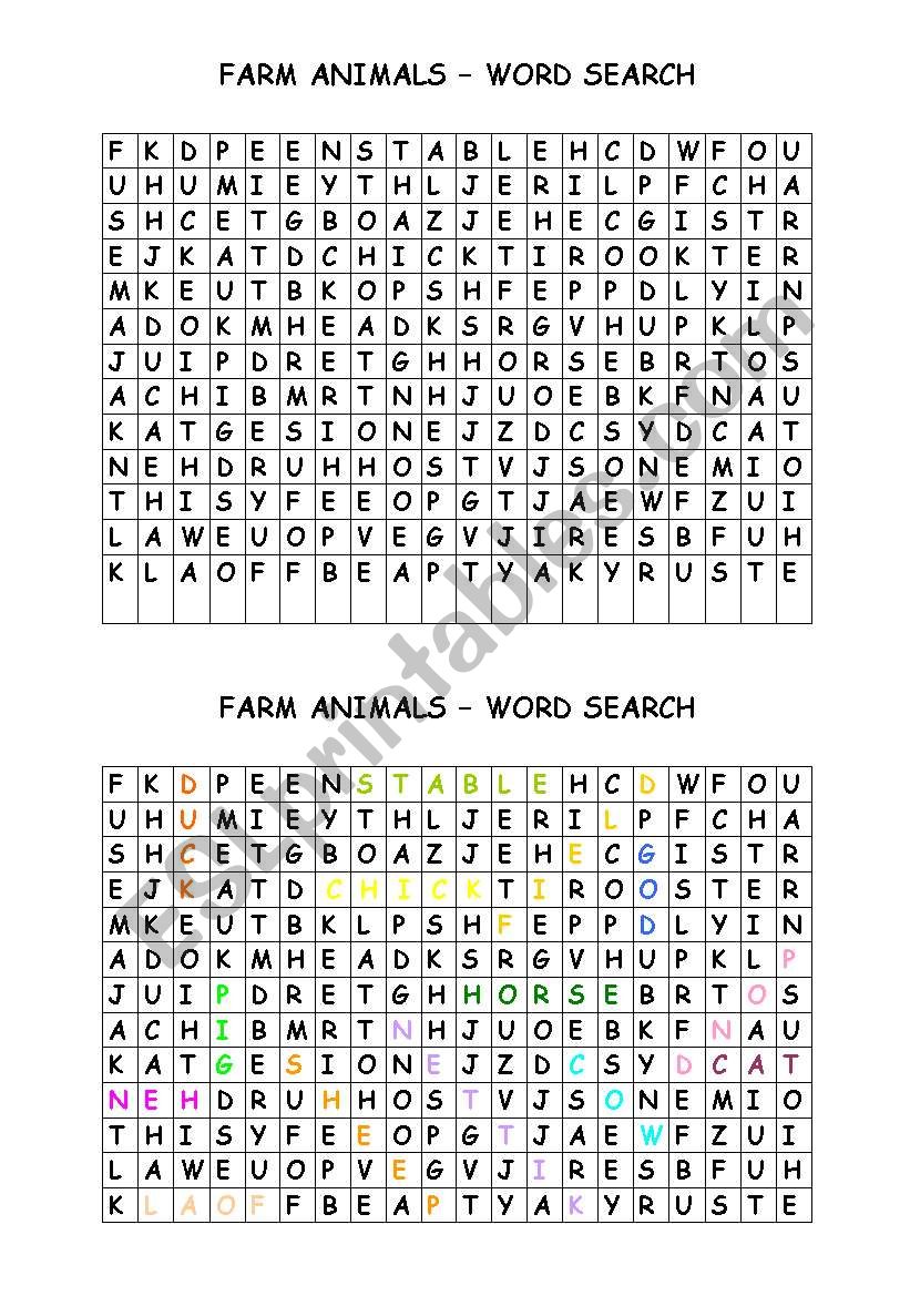 Farm Animals - Word Search worksheet