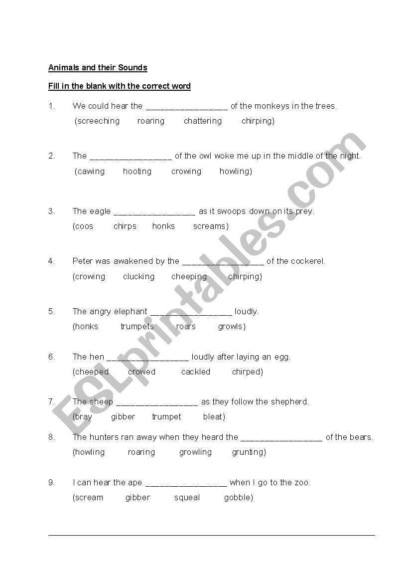 Sound of animals worksheet