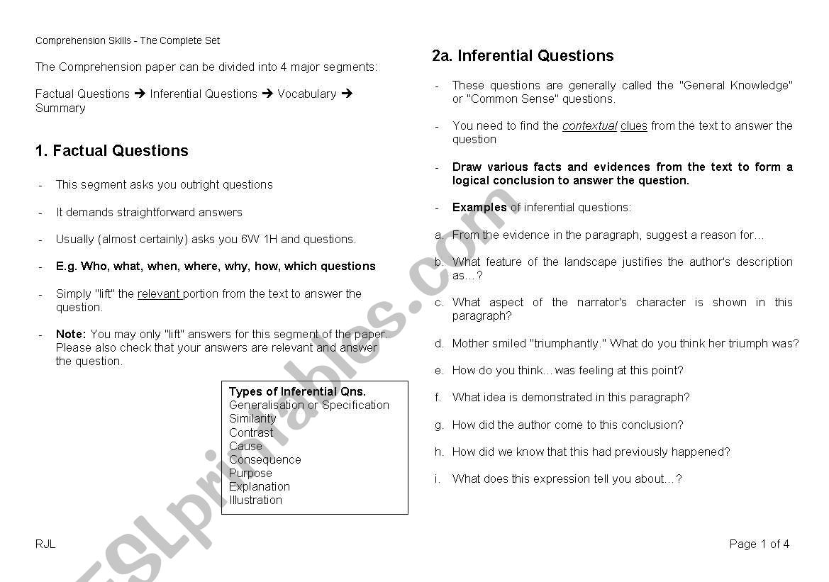 GCE O Level Comprehension Skill Set