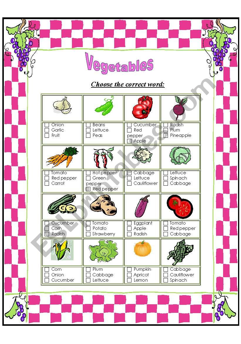 Vegetables-multiple choice worksheet