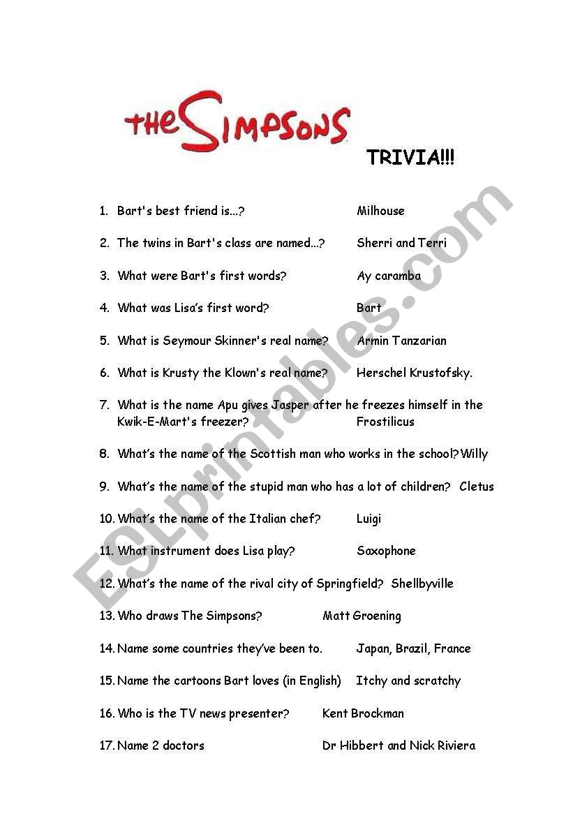 Simpsons Trivia Quiz Esl Worksheet By Scheherezade