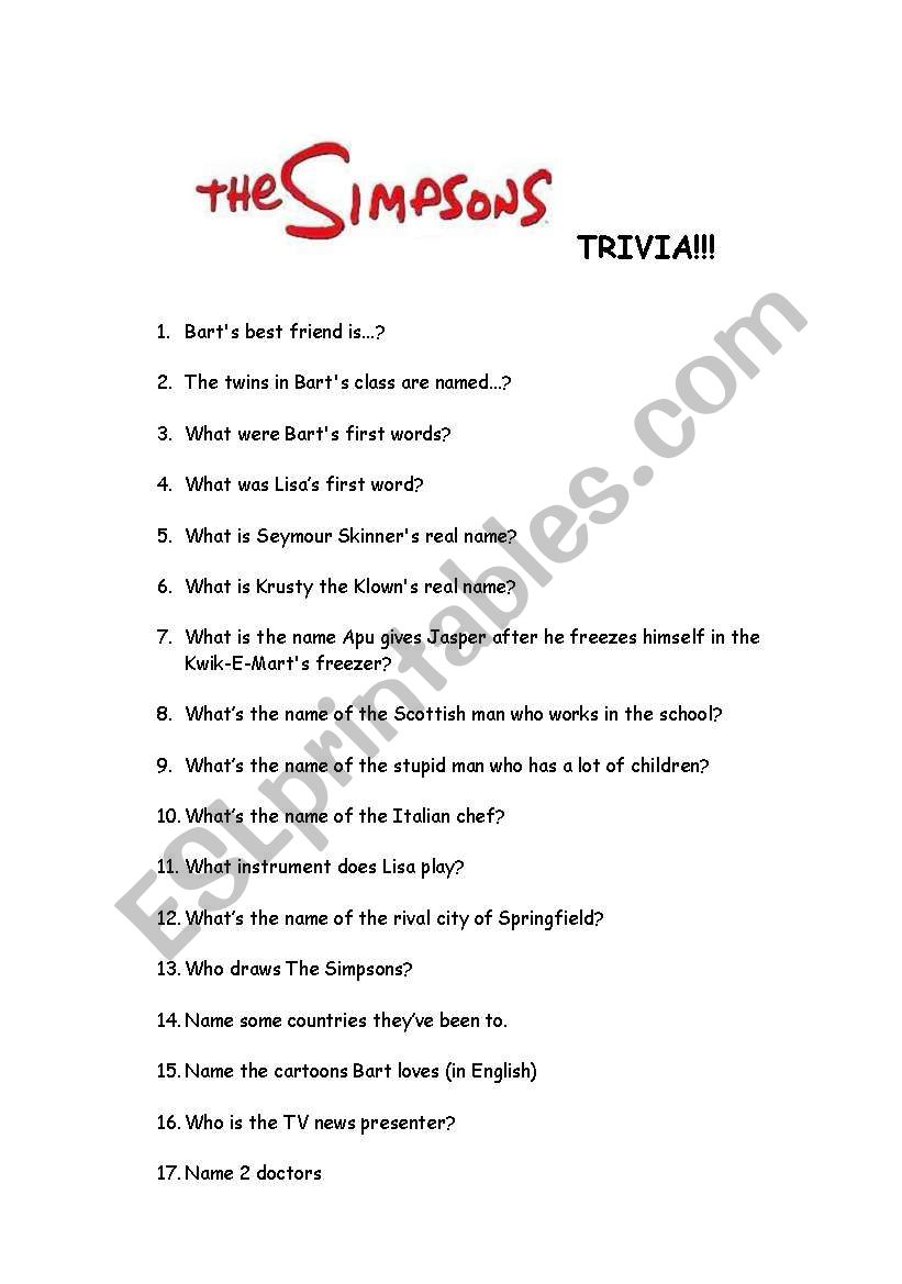 Simpsons Trivia Quiz Esl Worksheet By Scheherezade