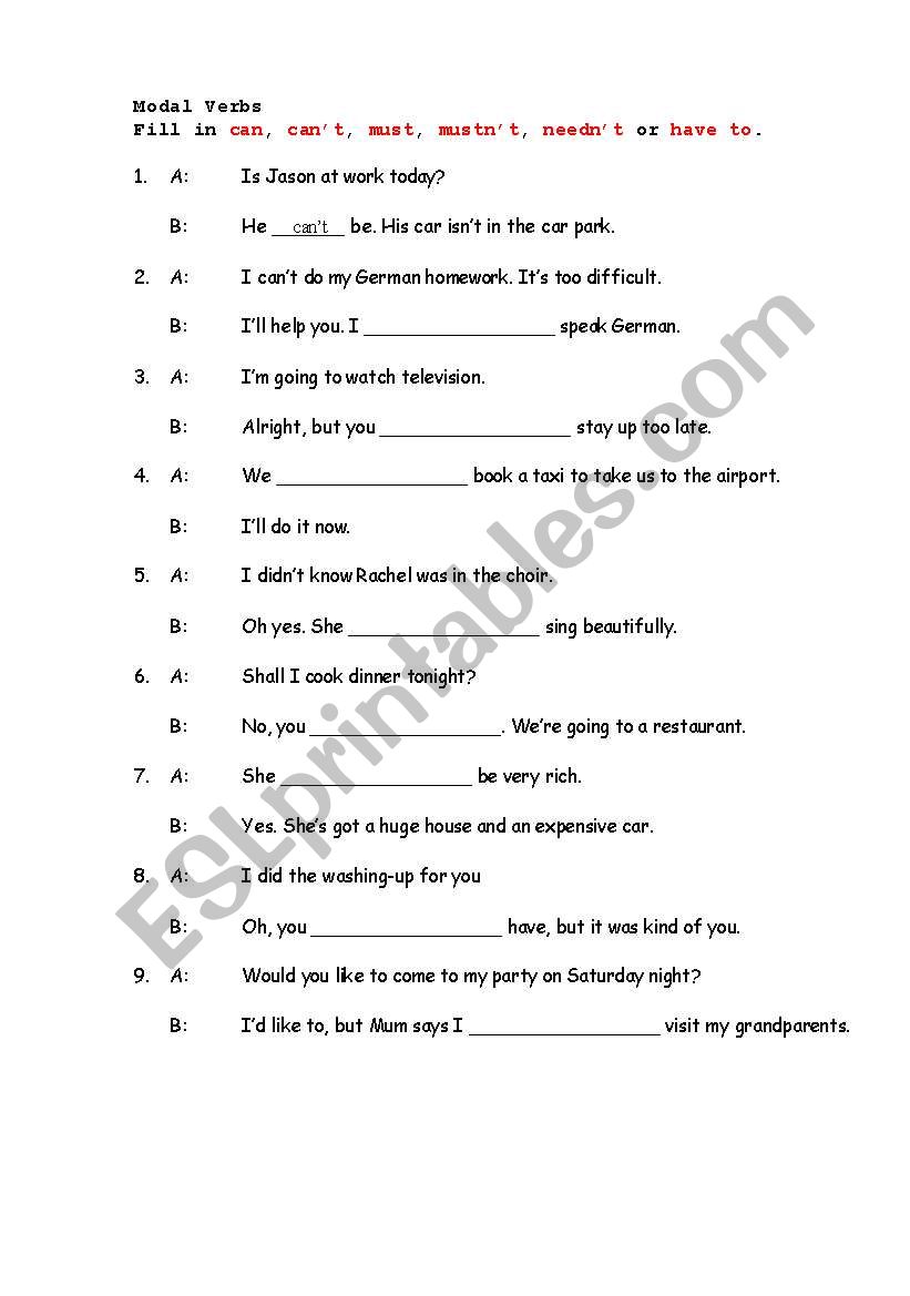 Modal Verbs (Part 1) worksheet