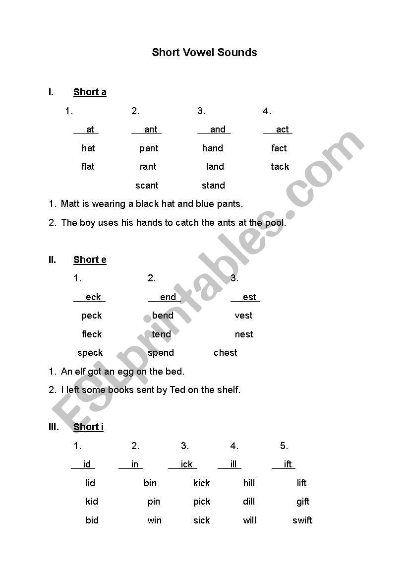 Short Vowel Exerise worksheet