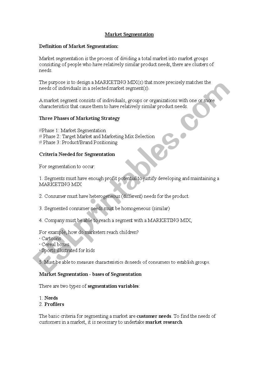 Market Segment worksheet